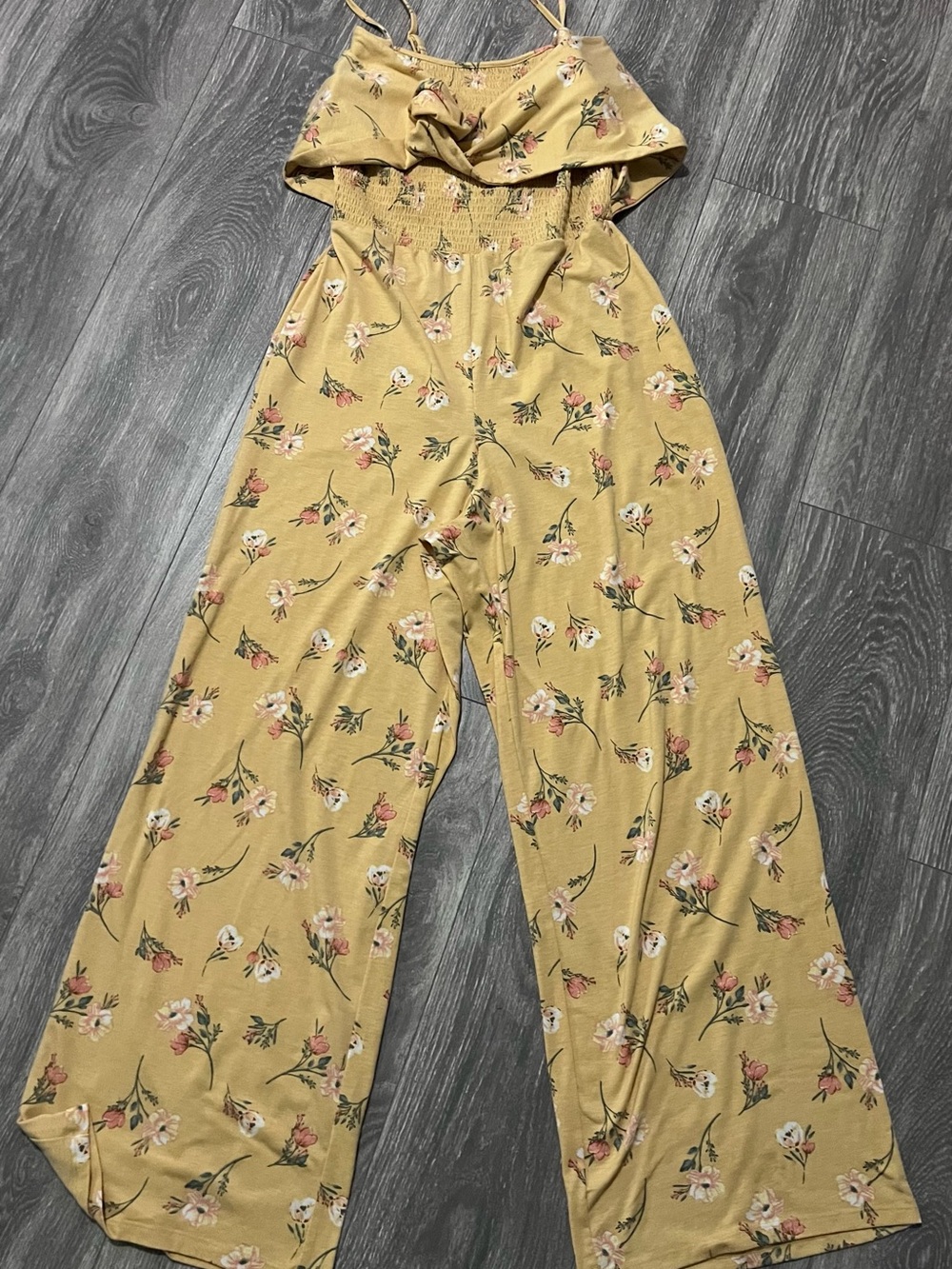 No Boundaries Mustard Floral Wide-Leg Jumpsuit